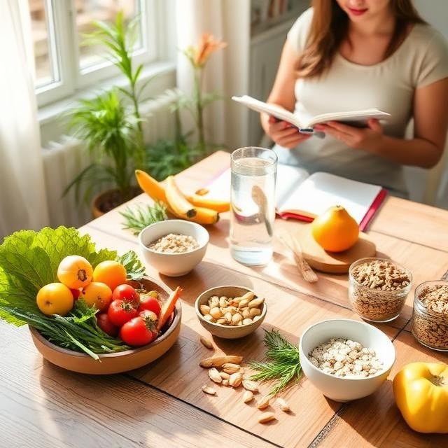 Balanced diet and wellness lifestyle setup with healthy foods and natural light