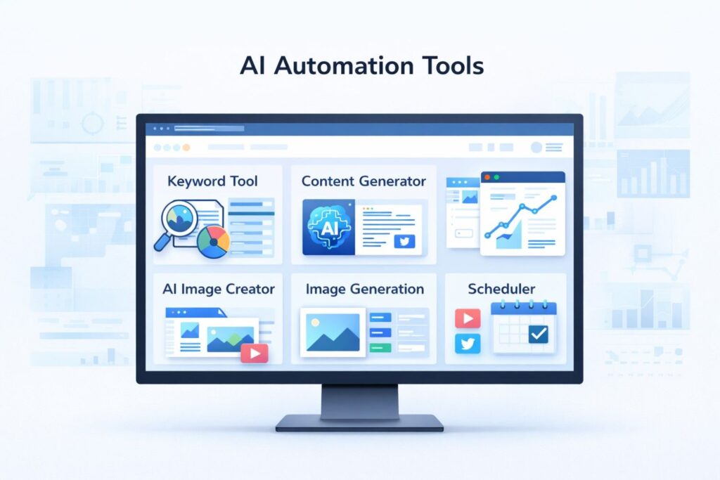 collection of AI automation tools on computer screen, content creation dashboard, marketing automation interface, modern flat design, clean UI style, tech theme, high resolution