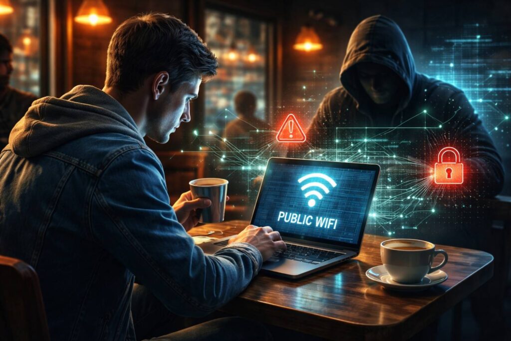 Public WiFi security risk hacker stealing data illustration